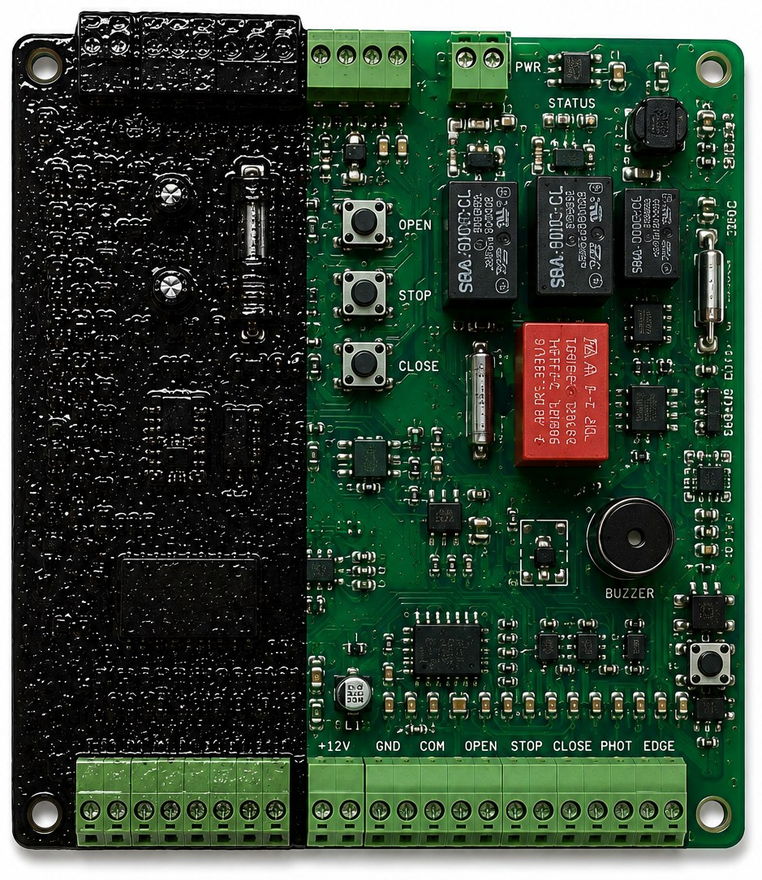 Automatic gate control board — left half coated with MGCoat, right half uncoated