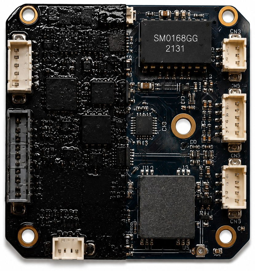 CCTV camera board — left half coated with MGCoat, right half uncoated