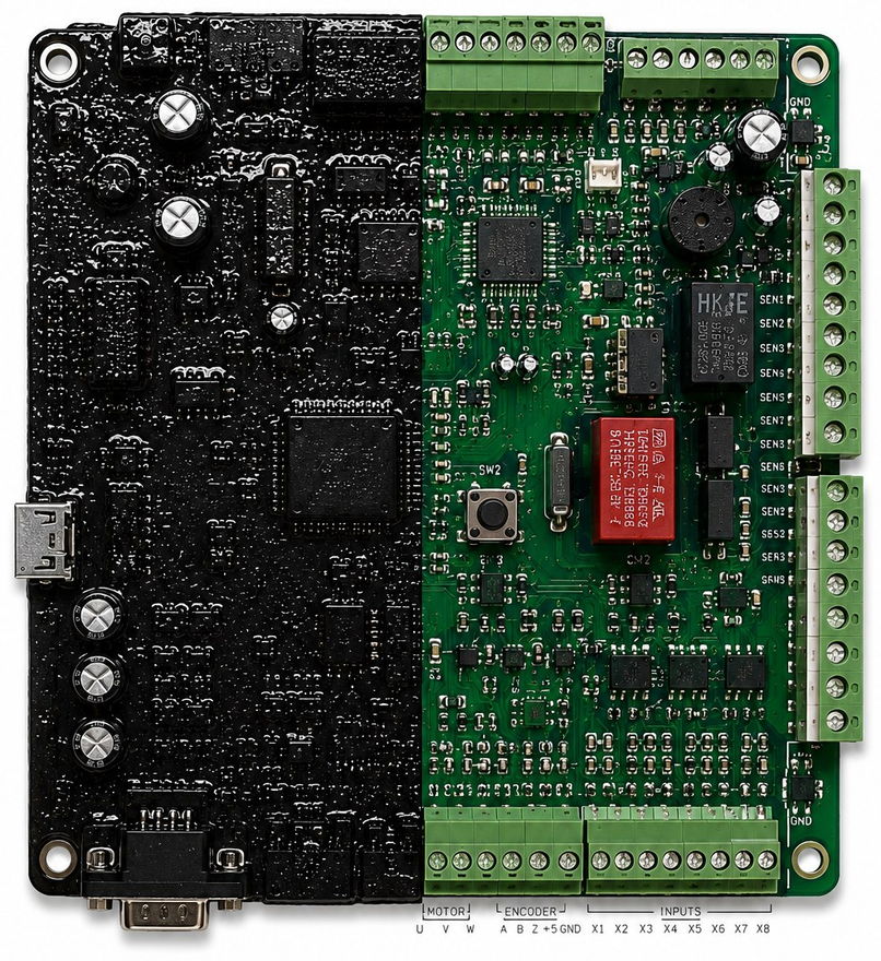 Elevator control board — left half coated with MGCoat, right half uncoated