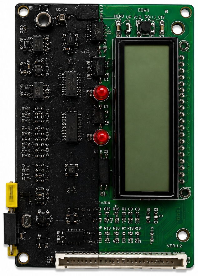 Electricity meter board — left half coated with MGCoat, right half uncoated