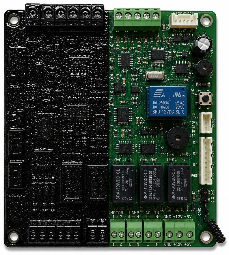 Garage door opener board — left half coated with MGCoat, right half uncoated