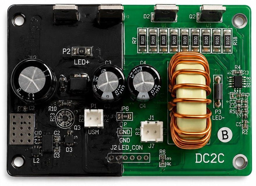 LED driver board — left half coated with MGCoat, right half uncoated