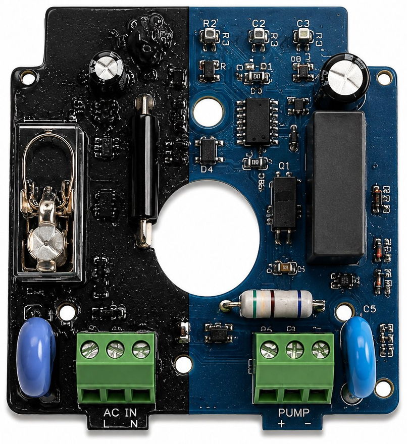 Water-pump pressure controller — left half coated with MGCoat, right half uncoated