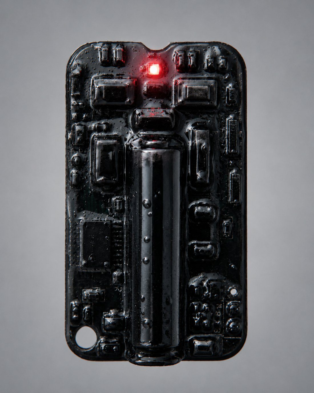 PCB coated with MGCoat — powered, LED on