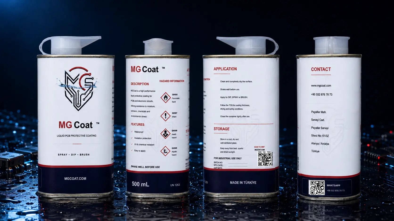MGCoat 500 mL cans — front logo, description, application and contact faces on a wet PCB